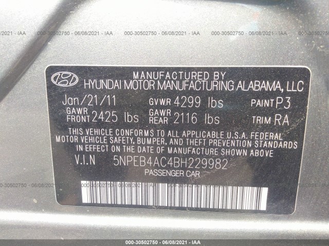 Photo 8 VIN: 5NPEB4AC4BH229982 - HYUNDAI SONATA 