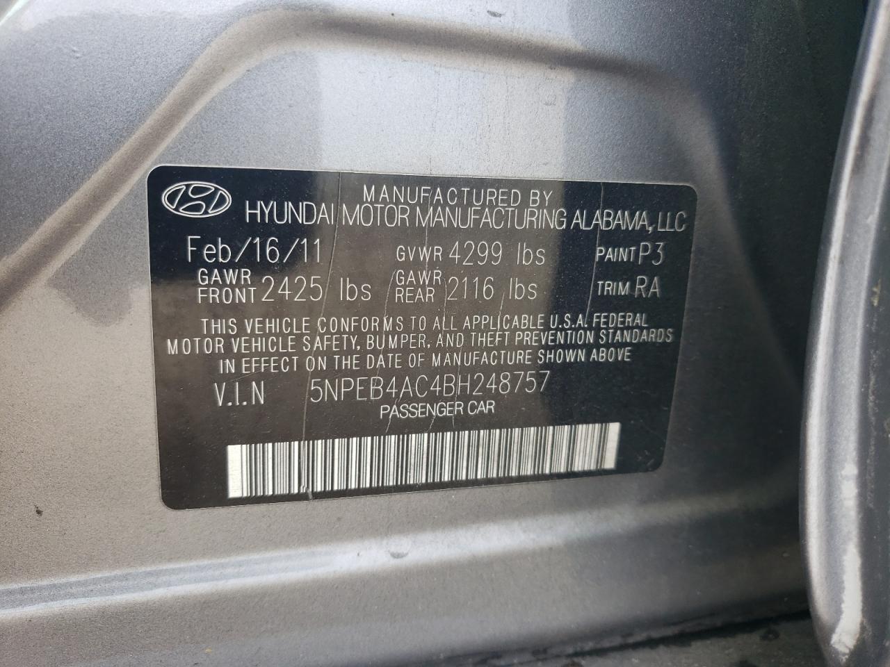 Photo 11 VIN: 5NPEB4AC4BH248757 - HYUNDAI SONATA 