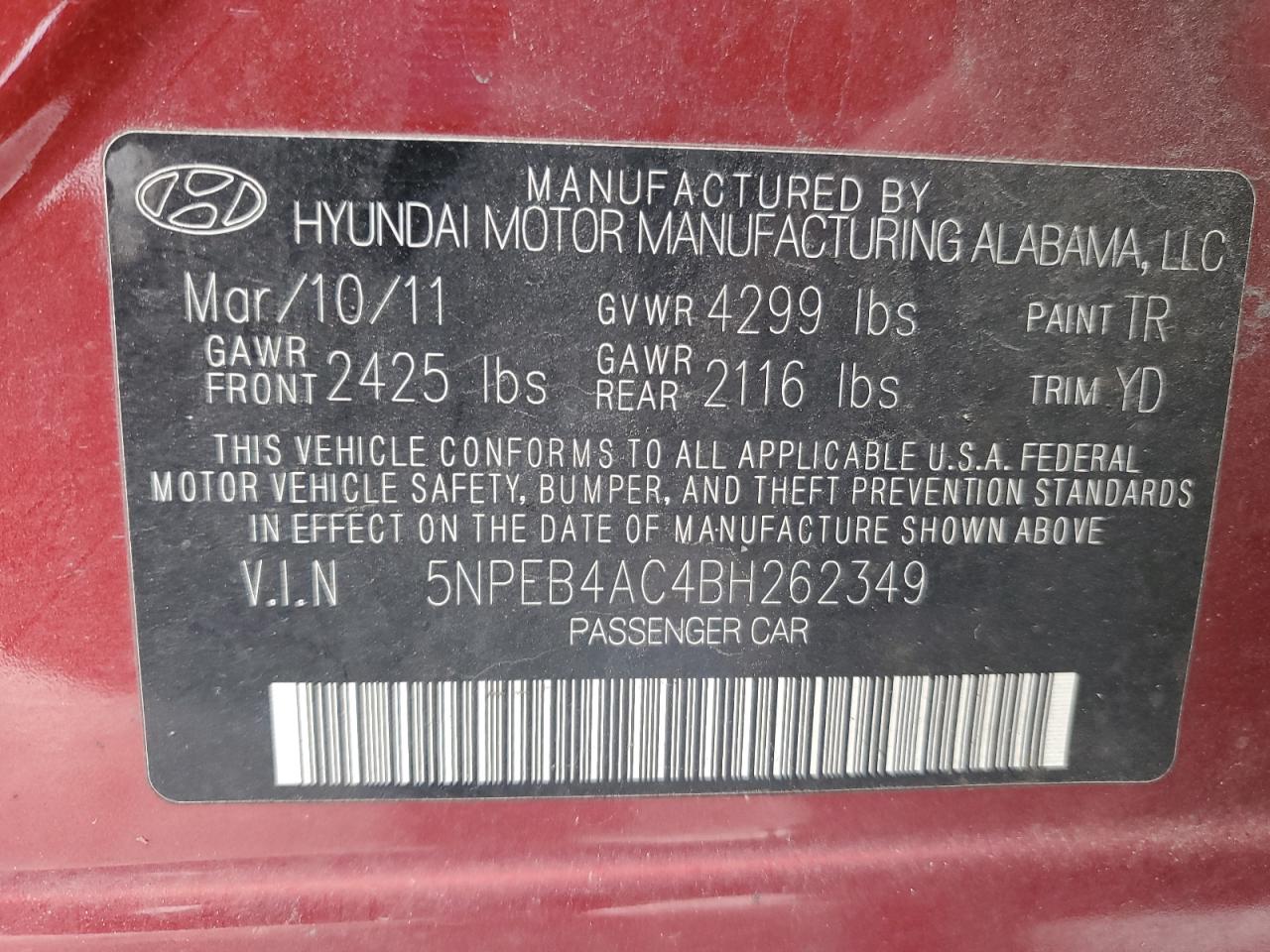 Photo 11 VIN: 5NPEB4AC4BH262349 - HYUNDAI SONATA 