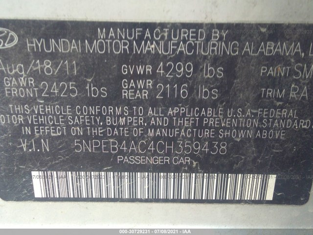 Photo 8 VIN: 5NPEB4AC4CH359438 - HYUNDAI SONATA 