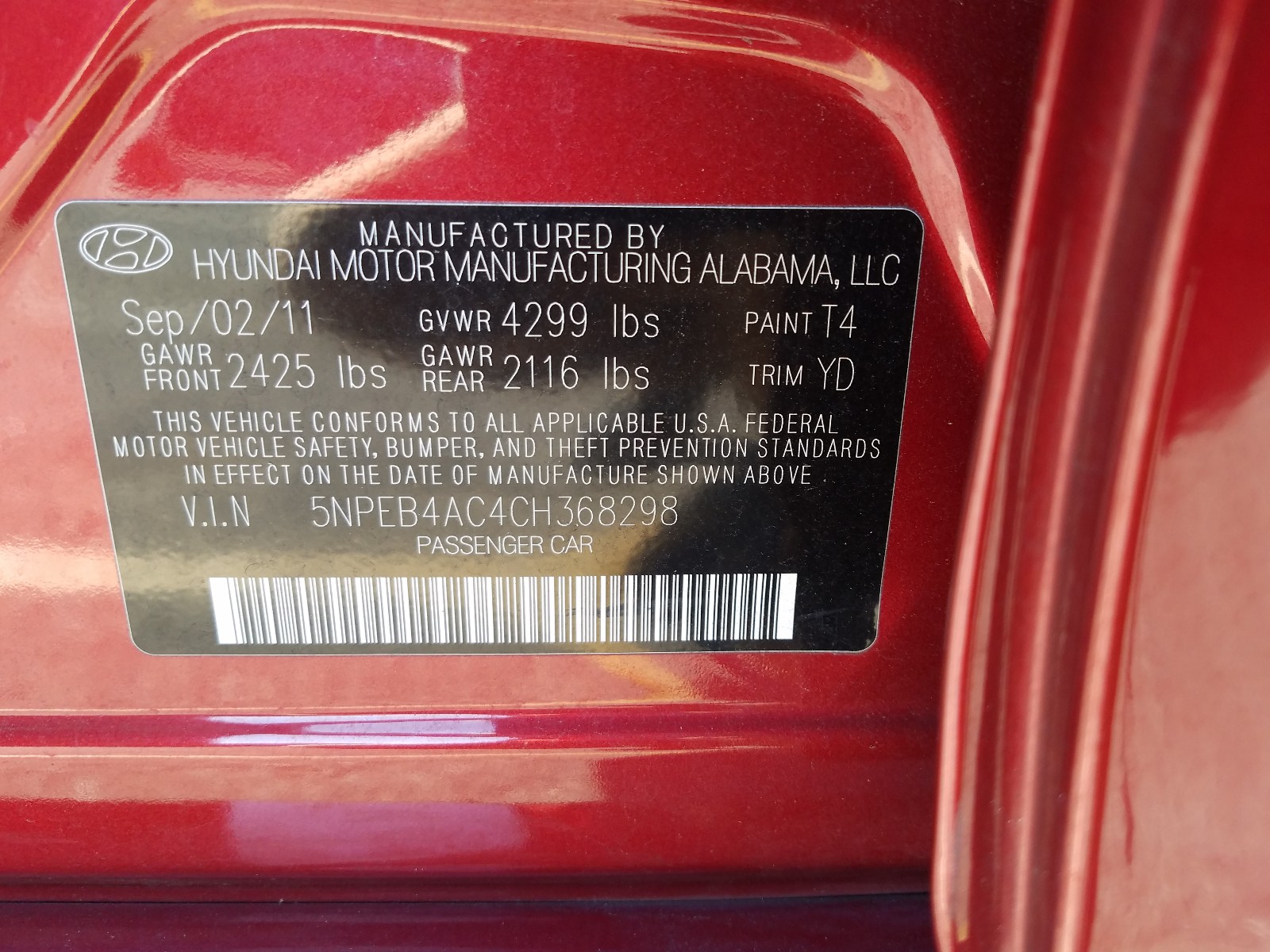 Photo 9 VIN: 5NPEB4AC4CH368298 - HYUNDAI SONATA GLS 