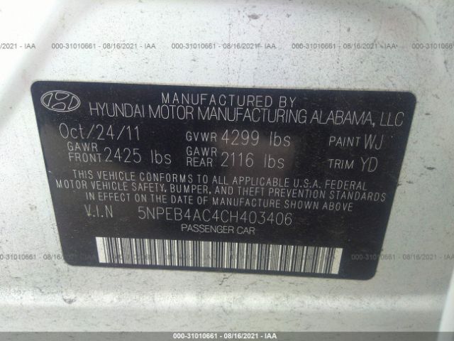 Photo 8 VIN: 5NPEB4AC4CH403406 - HYUNDAI SONATA 