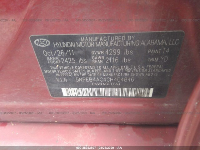 Photo 8 VIN: 5NPEB4AC4CH404846 - HYUNDAI SONATA 