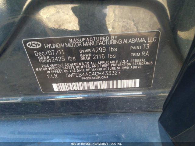 Photo 8 VIN: 5NPEB4AC4CH433327 - HYUNDAI SONATA 