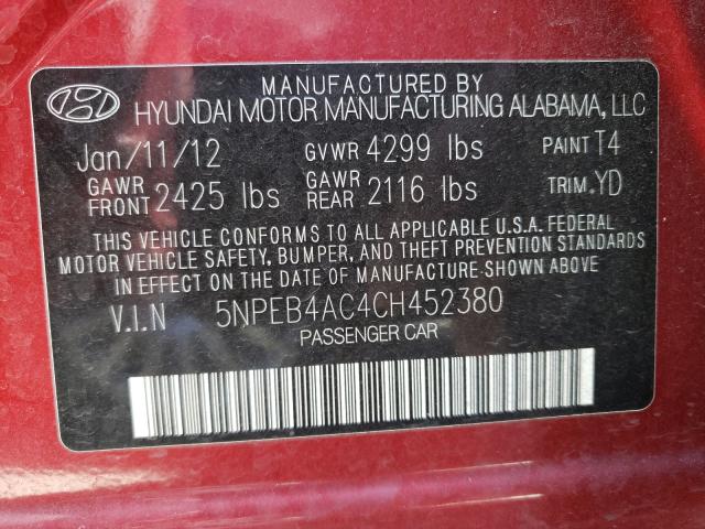 Photo 9 VIN: 5NPEB4AC4CH452380 - HYUNDAI SONATA GLS 