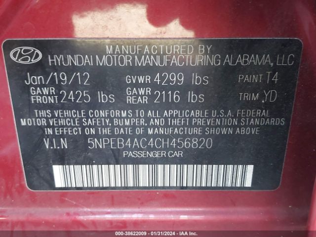 Photo 8 VIN: 5NPEB4AC4CH456820 - HYUNDAI SONATA 