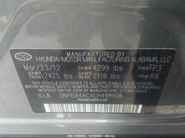 Photo 8 VIN: 5NPEB4AC4CH498906 - HYUNDAI SONATA 