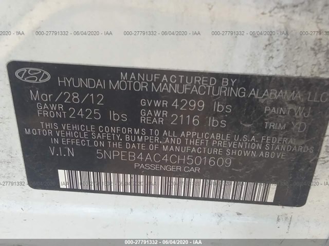 Photo 8 VIN: 5NPEB4AC4CH501609 - HYUNDAI SONATA 