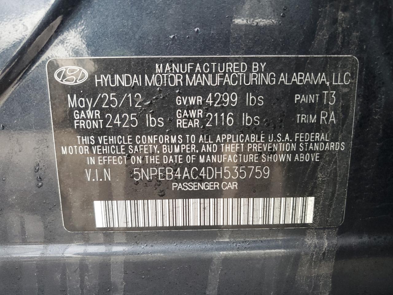 Photo 12 VIN: 5NPEB4AC4DH535759 - HYUNDAI SONATA 