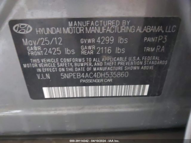 Photo 8 VIN: 5NPEB4AC4DH535860 - HYUNDAI SONATA 