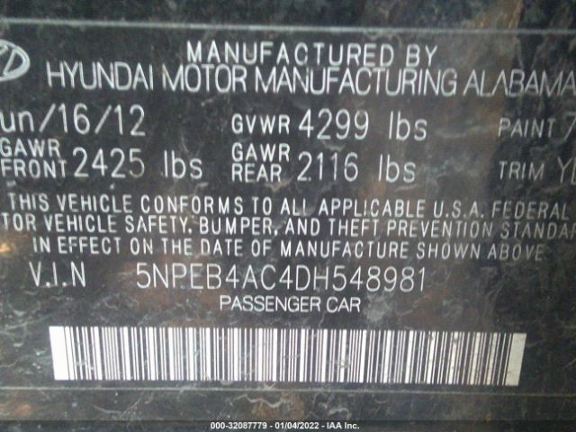 Photo 8 VIN: 5NPEB4AC4DH548981 - HYUNDAI SONATA 