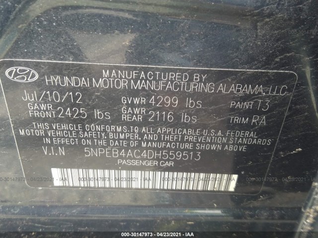 Photo 8 VIN: 5NPEB4AC4DH559513 - HYUNDAI SONATA 