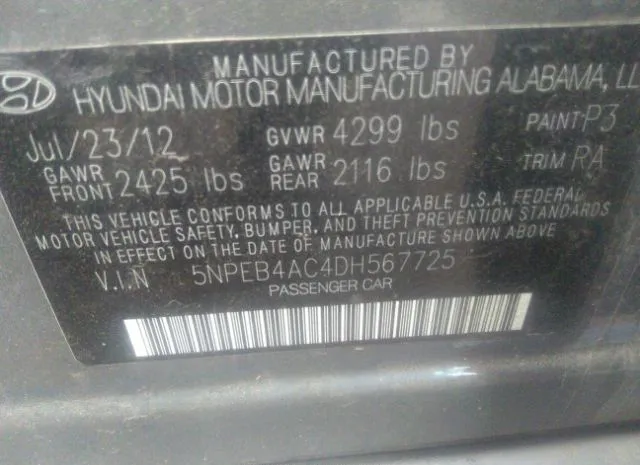 Photo 8 VIN: 5NPEB4AC4DH567725 - HYUNDAI SONATA 