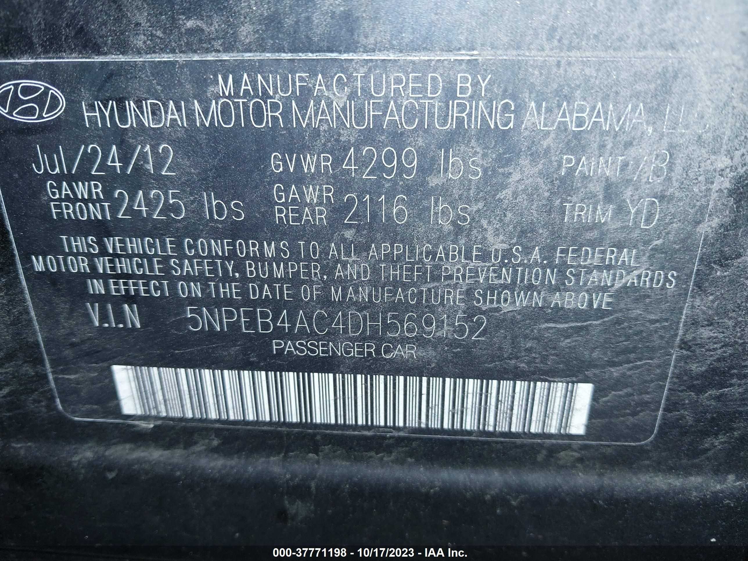 Photo 8 VIN: 5NPEB4AC4DH569152 - HYUNDAI SONATA 