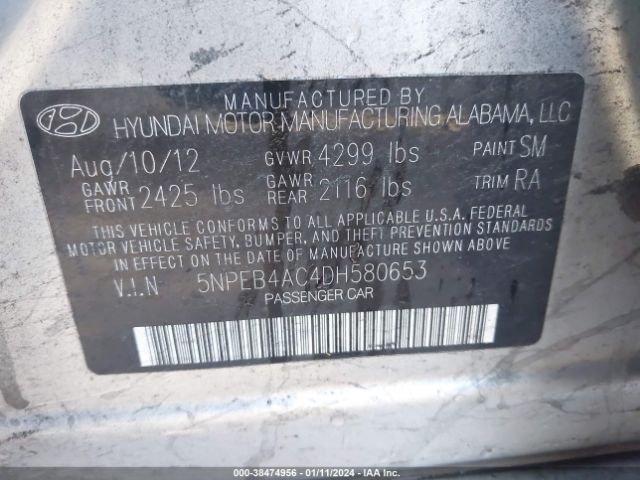 Photo 8 VIN: 5NPEB4AC4DH580653 - HYUNDAI SONATA 