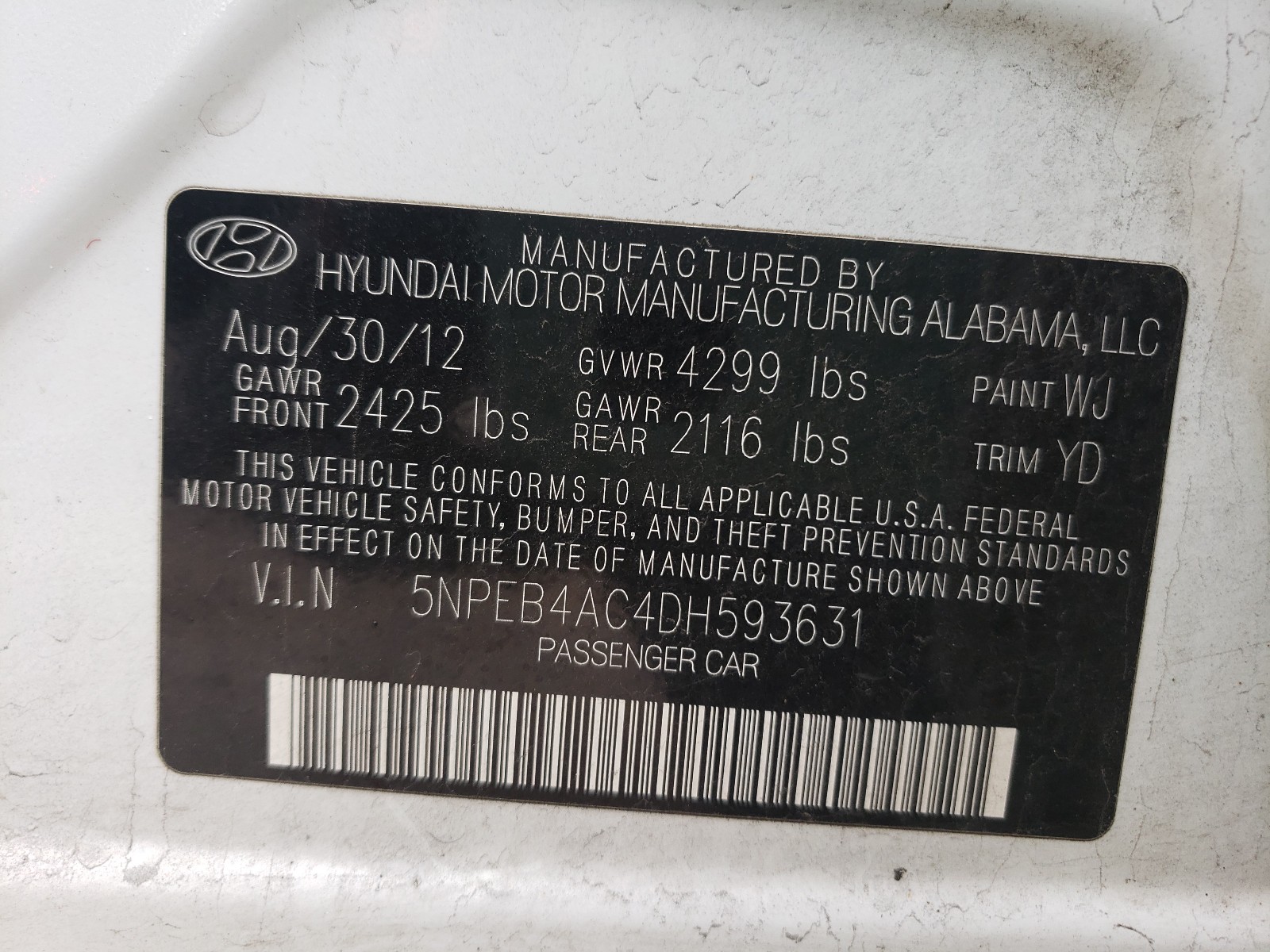 Photo 9 VIN: 5NPEB4AC4DH593631 - HYUNDAI SONATA GLS 