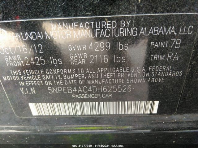 Photo 8 VIN: 5NPEB4AC4DH625526 - HYUNDAI SONATA 