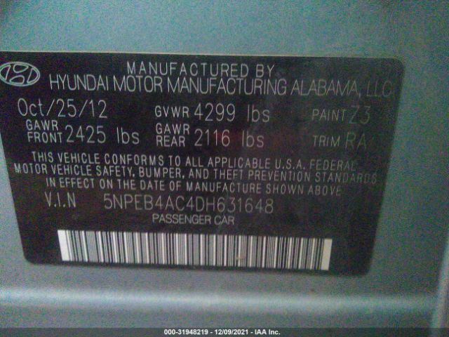 Photo 8 VIN: 5NPEB4AC4DH631648 - HYUNDAI SONATA 