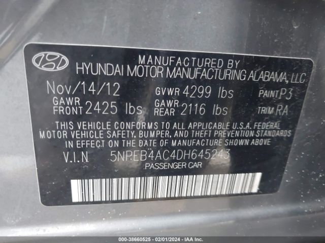 Photo 8 VIN: 5NPEB4AC4DH645243 - HYUNDAI SONATA 