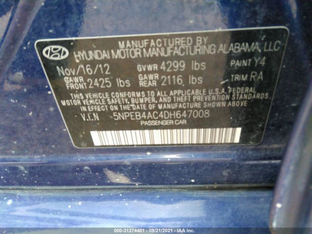 Photo 8 VIN: 5NPEB4AC4DH647008 - HYUNDAI SONATA 