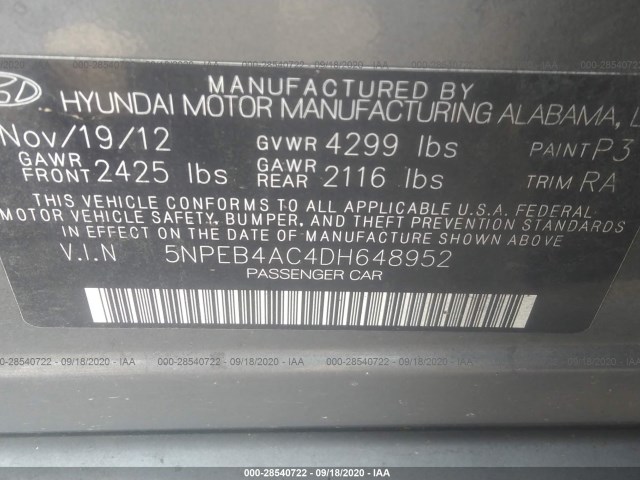 Photo 8 VIN: 5NPEB4AC4DH648952 - HYUNDAI SONATA 