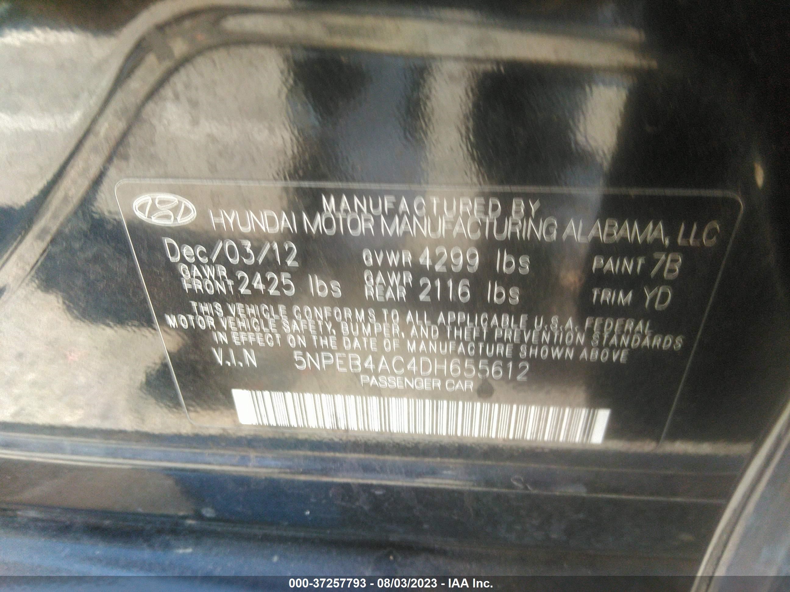 Photo 8 VIN: 5NPEB4AC4DH655612 - HYUNDAI SONATA 