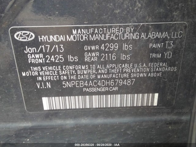 Photo 8 VIN: 5NPEB4AC4DH679487 - HYUNDAI SONATA 