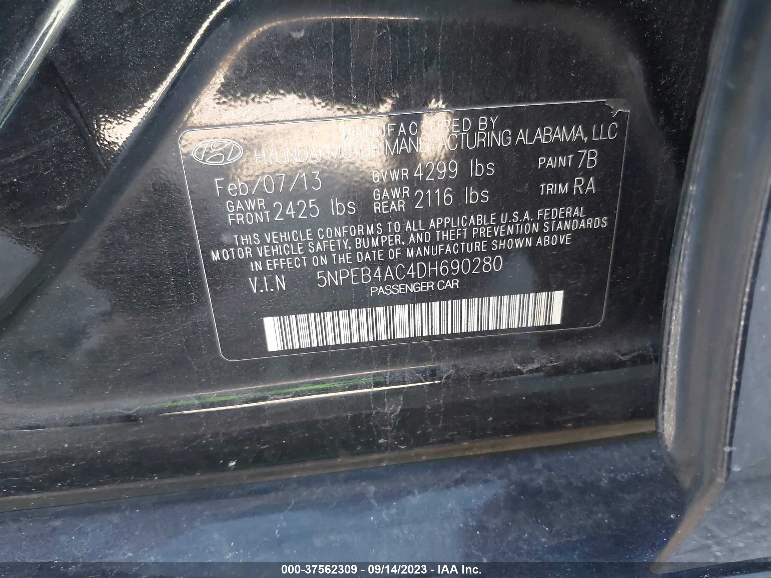 Photo 8 VIN: 5NPEB4AC4DH690280 - HYUNDAI SONATA 