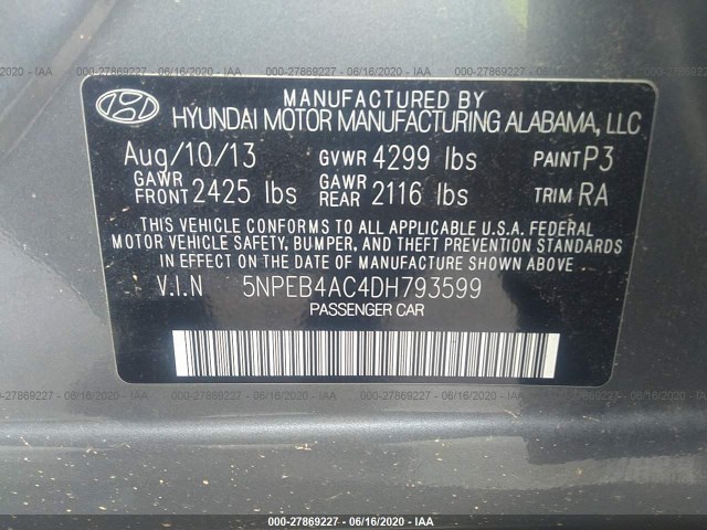 Photo 8 VIN: 5NPEB4AC4DH793599 - HYUNDAI SONATA 