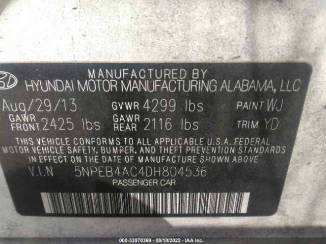 Photo 8 VIN: 5NPEB4AC4DH804536 - HYUNDAI SONATA 