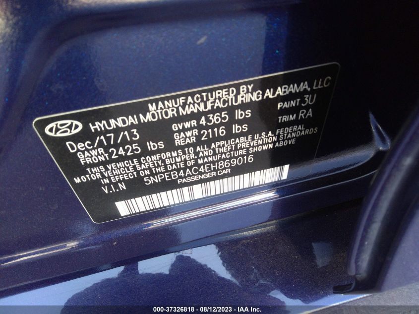 Photo 8 VIN: 5NPEB4AC4EH869016 - HYUNDAI SONATA 