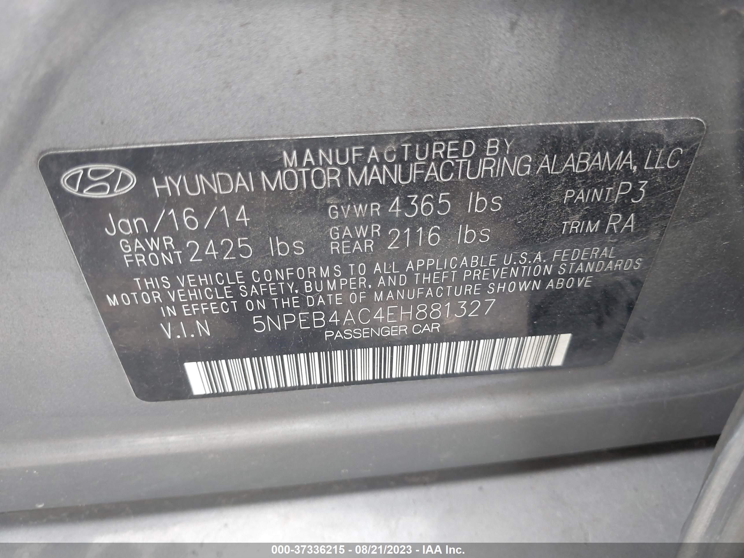 Photo 8 VIN: 5NPEB4AC4EH881327 - HYUNDAI SONATA 