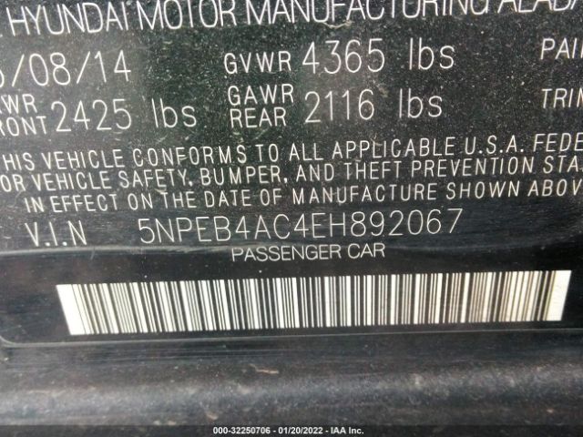 Photo 8 VIN: 5NPEB4AC4EH892067 - HYUNDAI SONATA 