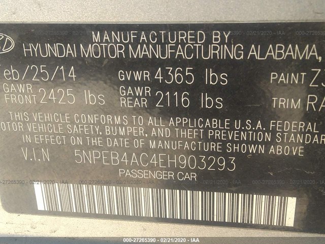 Photo 8 VIN: 5NPEB4AC4EH903293 - HYUNDAI SONATA 