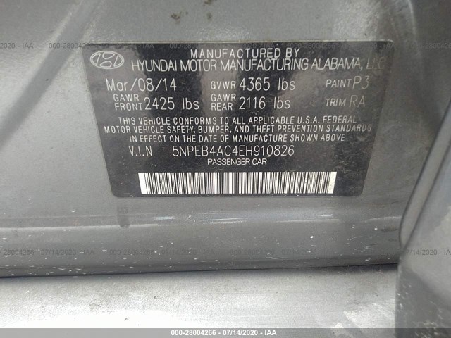 Photo 8 VIN: 5NPEB4AC4EH910826 - HYUNDAI SONATA 