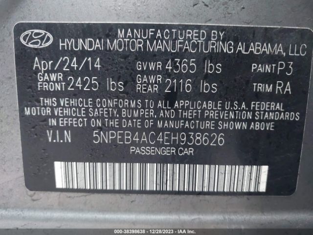 Photo 8 VIN: 5NPEB4AC4EH938626 - HYUNDAI SONATA 