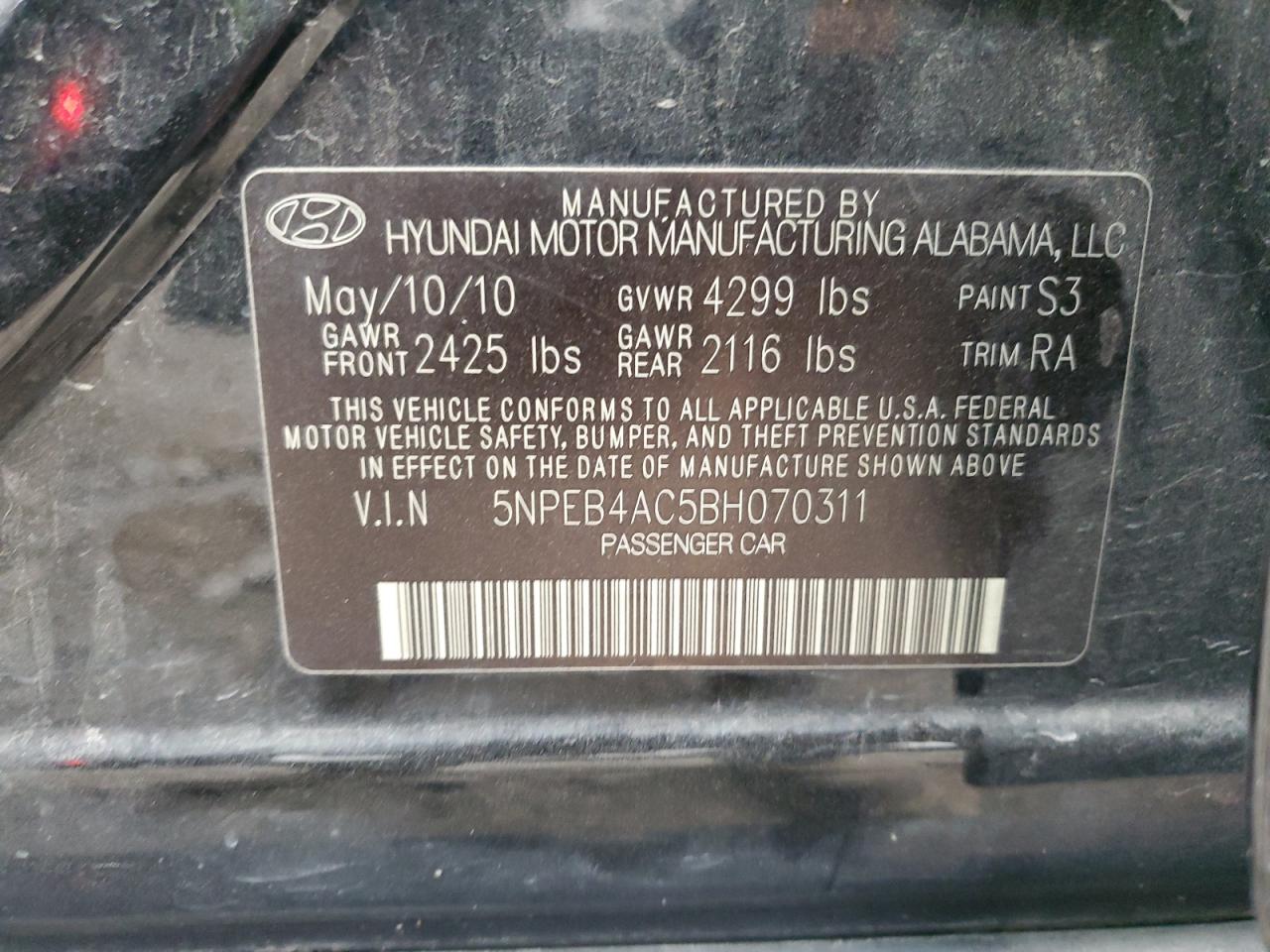 Photo 11 VIN: 5NPEB4AC5BH070311 - HYUNDAI SONATA 