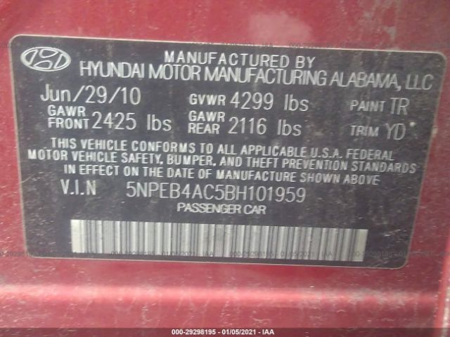 Photo 8 VIN: 5NPEB4AC5BH101959 - HYUNDAI SONATA 