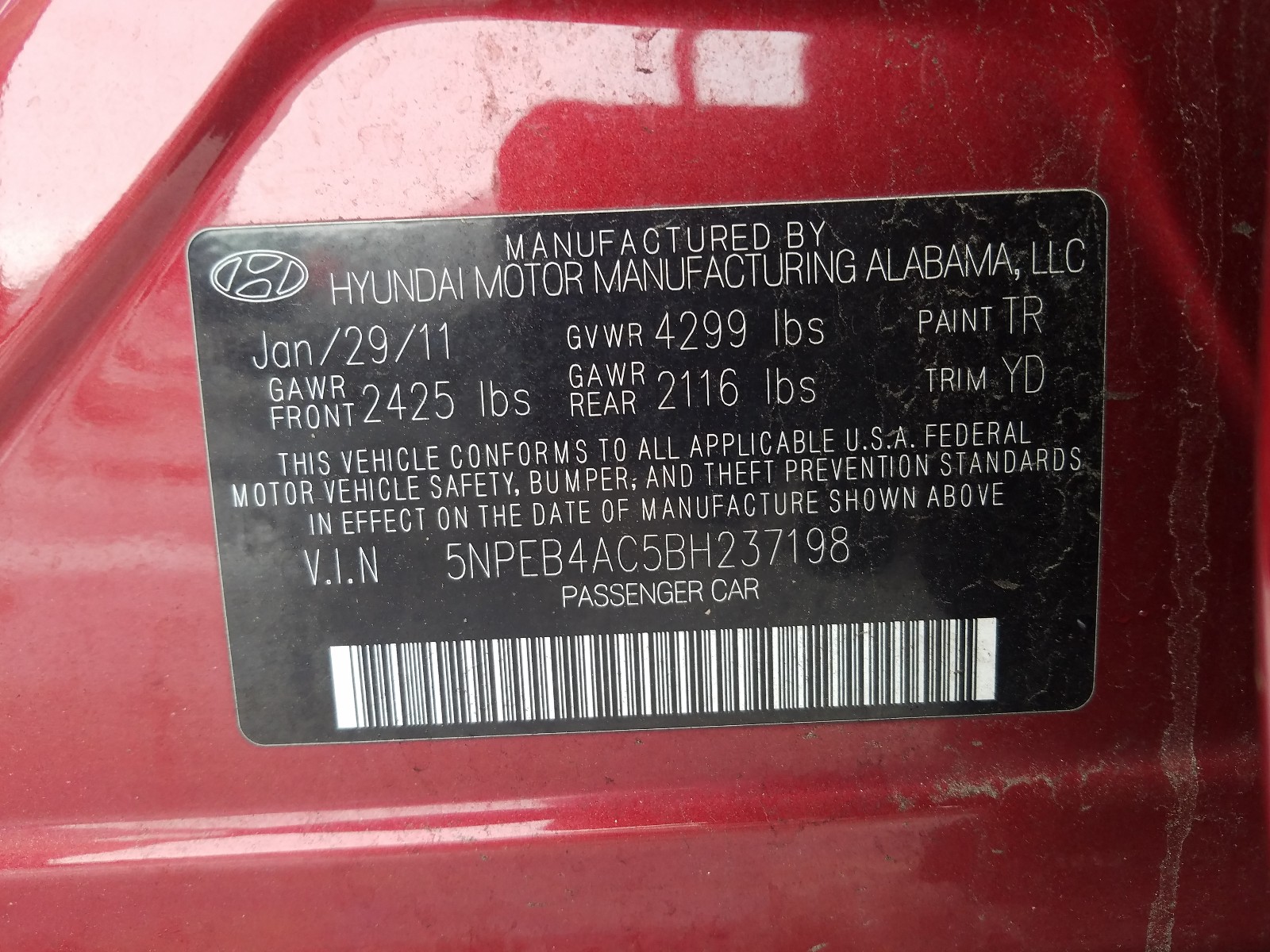 Photo 9 VIN: 5NPEB4AC5BH237198 - HYUNDAI SONATA GLS 