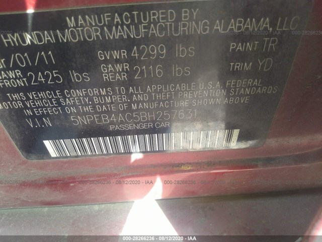 Photo 8 VIN: 5NPEB4AC5BH257631 - HYUNDAI SONATA 