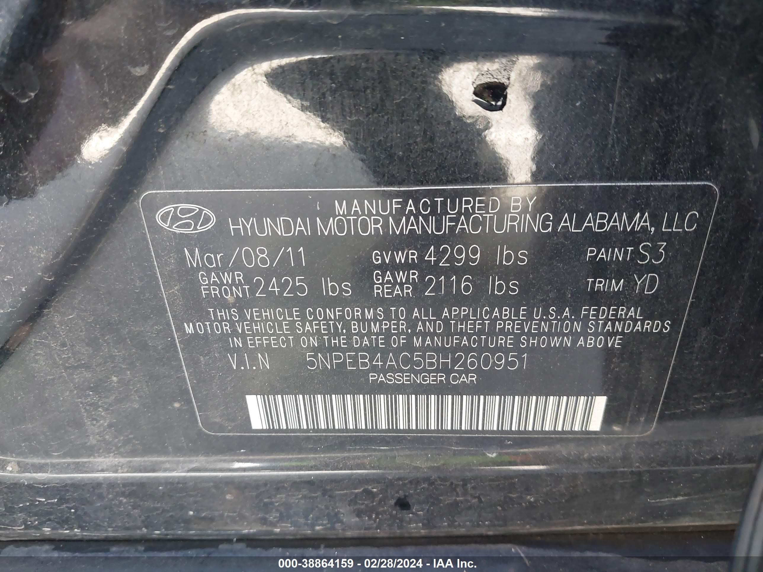 Photo 8 VIN: 5NPEB4AC5BH260951 - HYUNDAI SONATA 