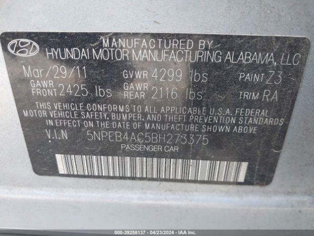 Photo 8 VIN: 5NPEB4AC5BH273375 - HYUNDAI SONATA 