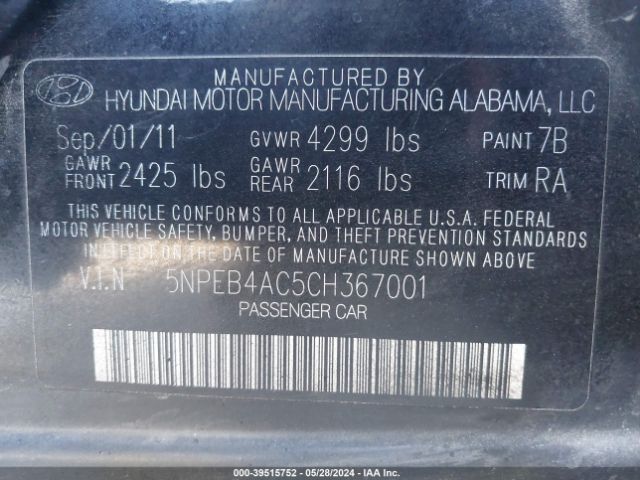 Photo 8 VIN: 5NPEB4AC5CH367001 - HYUNDAI SONATA 