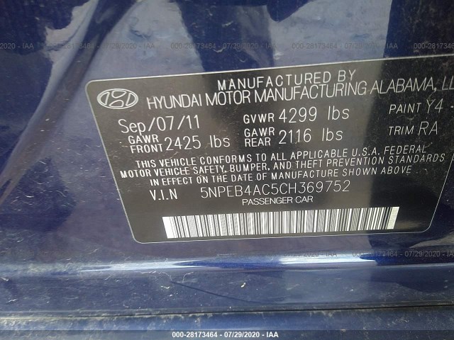 Photo 8 VIN: 5NPEB4AC5CH369752 - HYUNDAI SONATA 