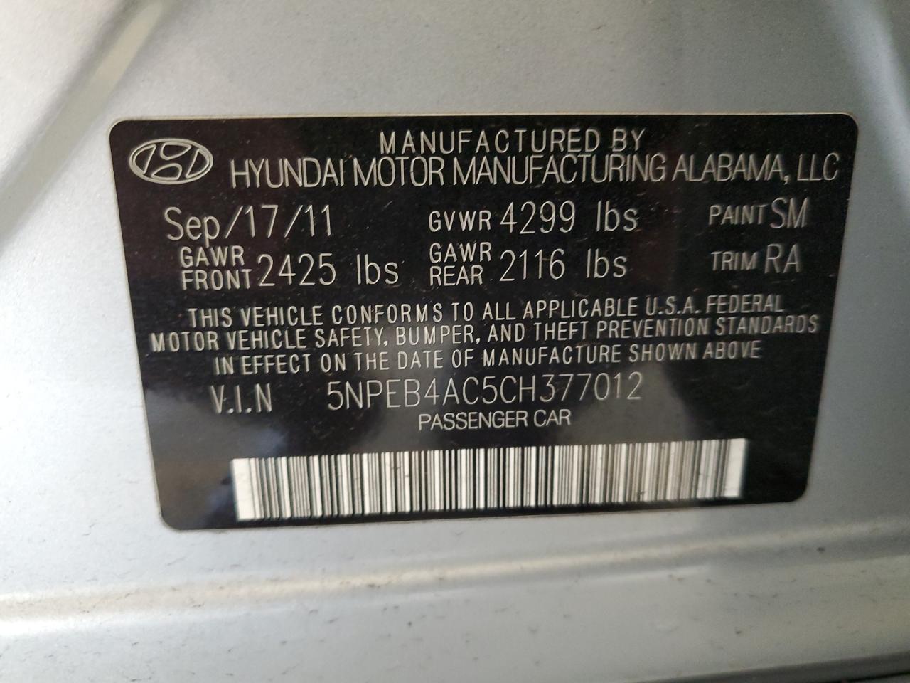 Photo 11 VIN: 5NPEB4AC5CH377012 - HYUNDAI SONATA 