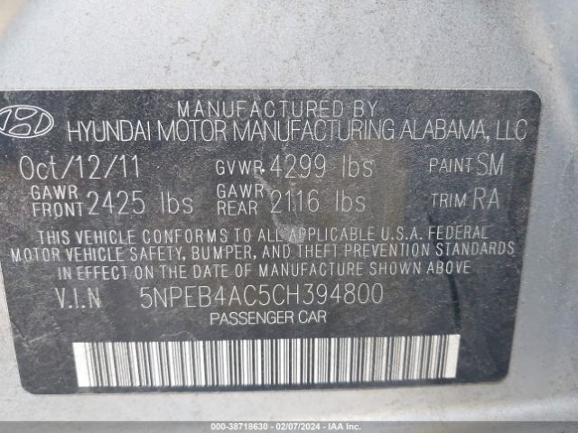 Photo 8 VIN: 5NPEB4AC5CH394800 - HYUNDAI SONATA 