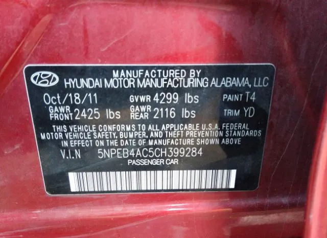 Photo 8 VIN: 5NPEB4AC5CH399284 - HYUNDAI SONATA 