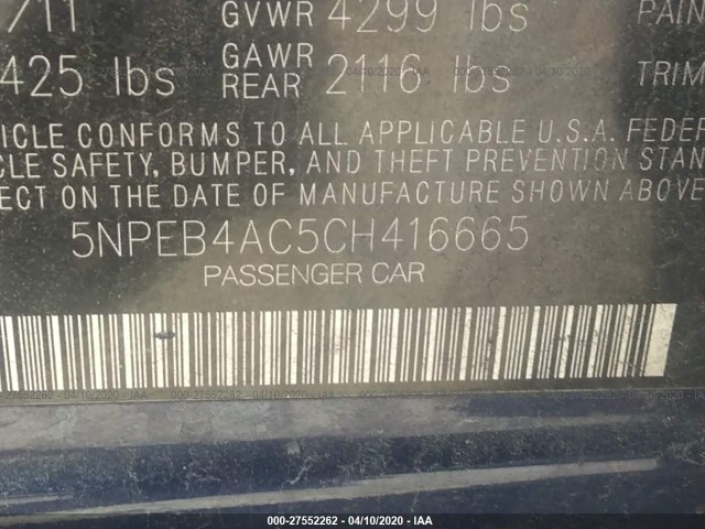 Photo 8 VIN: 5NPEB4AC5CH416665 - HYUNDAI SONATA 