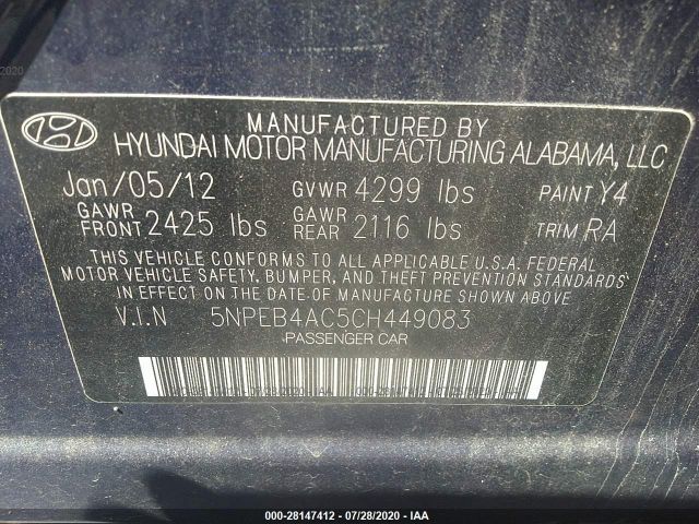 Photo 8 VIN: 5NPEB4AC5CH449083 - HYUNDAI SONATA 