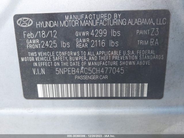 Photo 8 VIN: 5NPEB4AC5CH477045 - HYUNDAI SONATA 